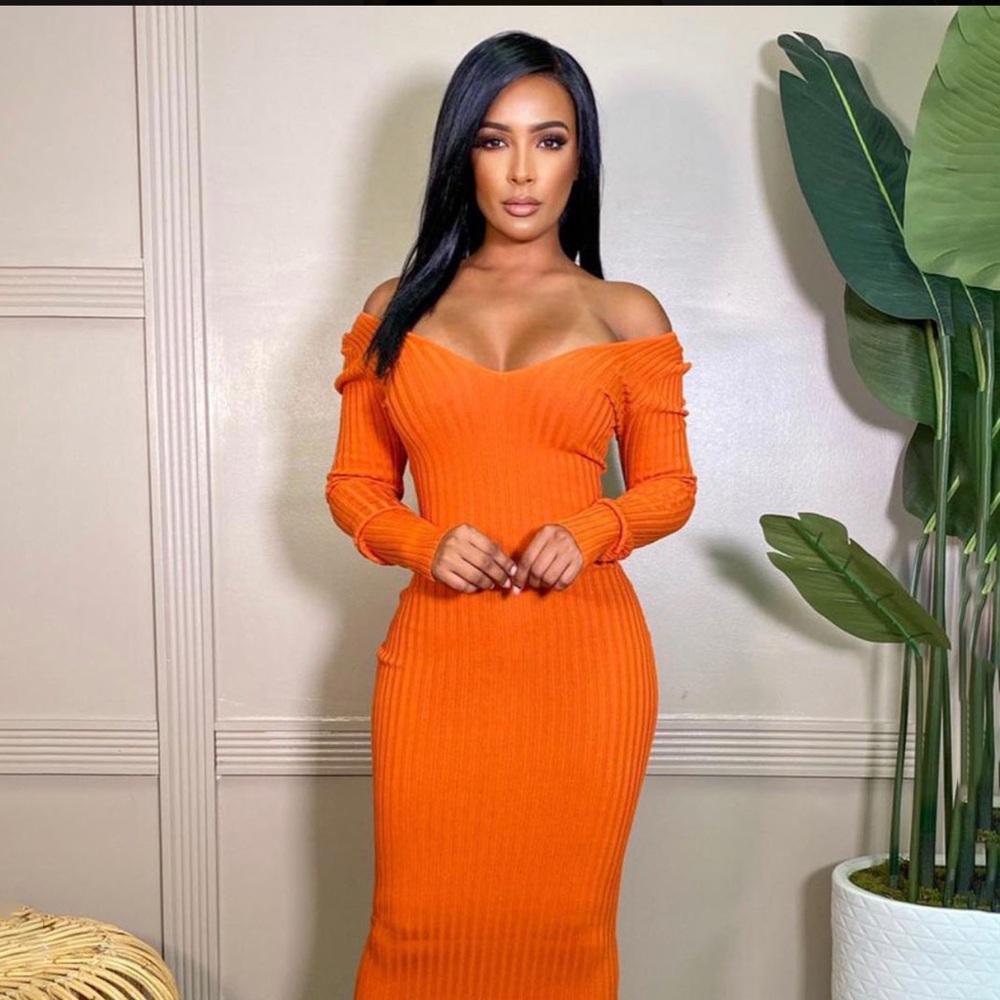 Autumn V Neck Long Sleeve MIDI Dress. Orange/ Med New.  Euphoric Fabs Clothing